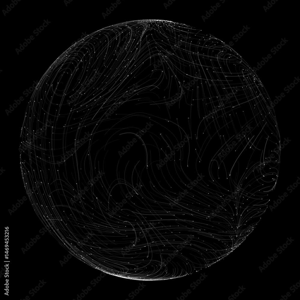 Poster intricate black and white spherical abstract art with flowing patterns
