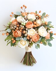 Fototapeta premium A bridal bouquet featuring peach and white roses, eucalyptus, and berries