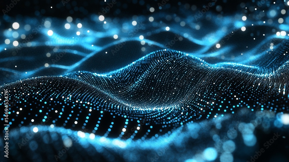 Wall mural abstract blue digital wave pattern with glowing particles and bokeh lights
