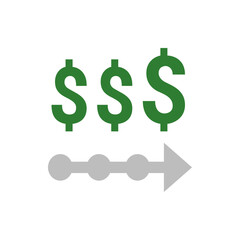 Three green dollar signs above a gray arrow composed of circles and a triangle pointing rightward flow