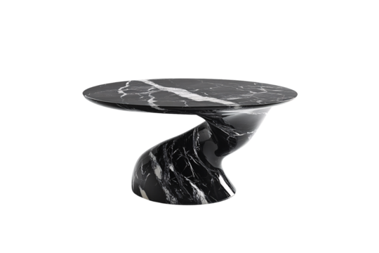 Circular black marble table with sweeping, curved base, sleek modern style with luxurious stone patterns, isolated on a transparent background - Powered by Adobe