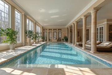 Luxurious indoor pool room with classical design.