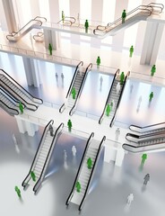 Modern business centre lobby with escalators and people going up and down, business and success concept 3D rendering