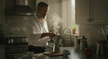Man making coffee in kitchen