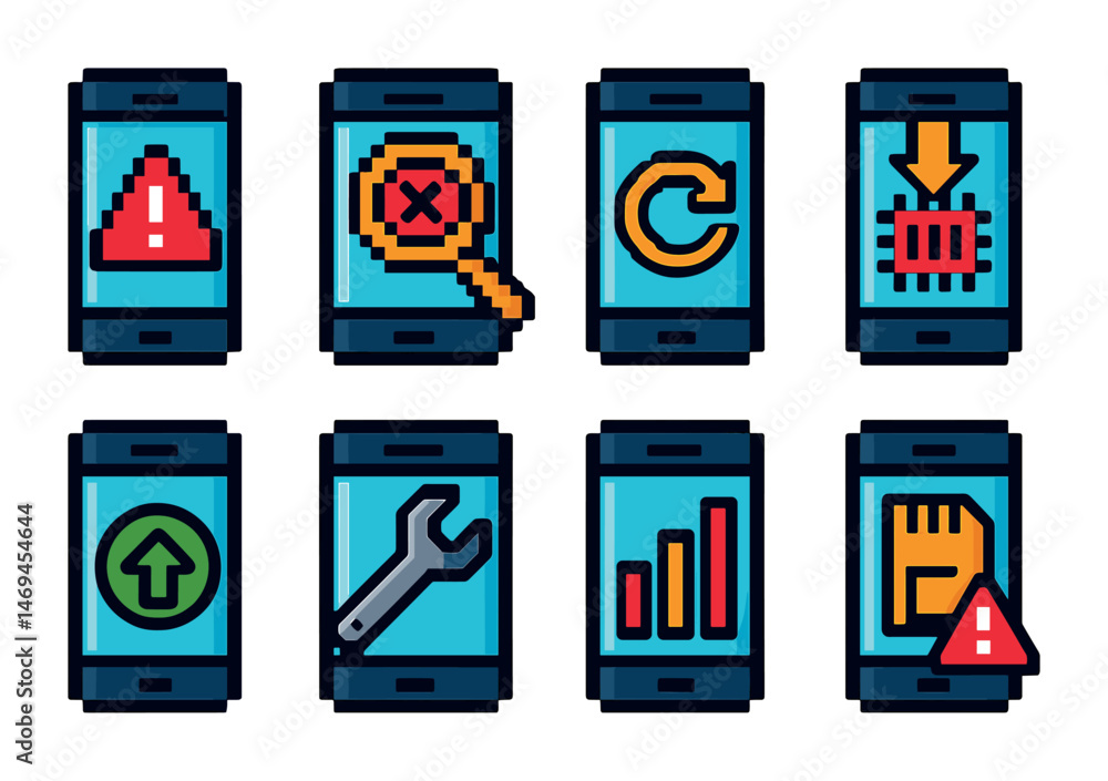 Poster tech and mobile pixel art icons set - retro, digital, app management graphics