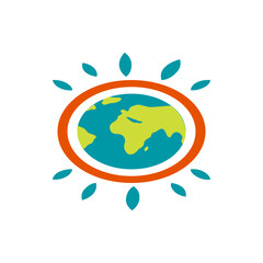 Illustration of a world globe inside an orange circle with teal leaves around the circle edge design element