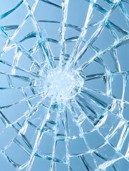 A close-up view of a shattered glass window with a blue sky visible through the cracks