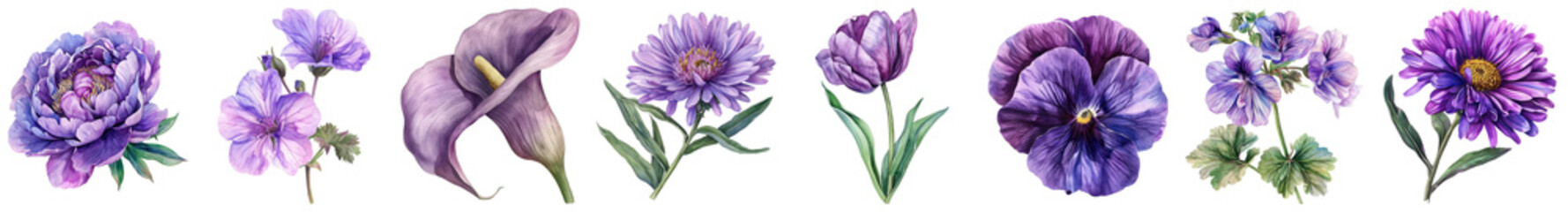 Beautiful Collection of Various Purple Flowers with Delicate Petals and Lush Green Leaves for Elegant Design and Decoration