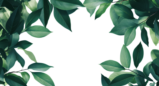  Green leaves on a branch, with a transparent background, in a PNG file format with white space for text.