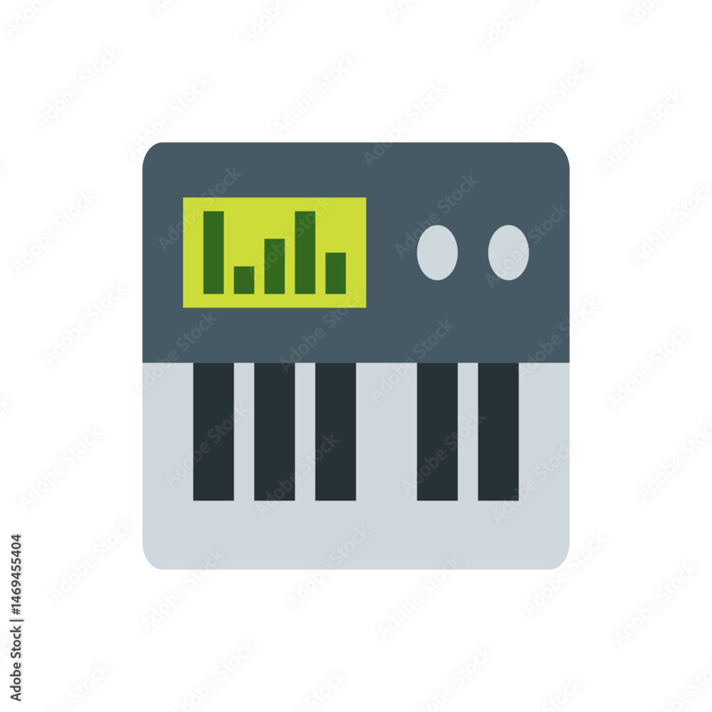 Poster illustration of a synthesizer with a display showing bars and a keyboard with black and gray keys