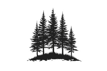 Highly detailed pine forest silhouette with strong highlights, emphasizing tree shapes and grassy ground in grayscale, isolated on a transparent background
