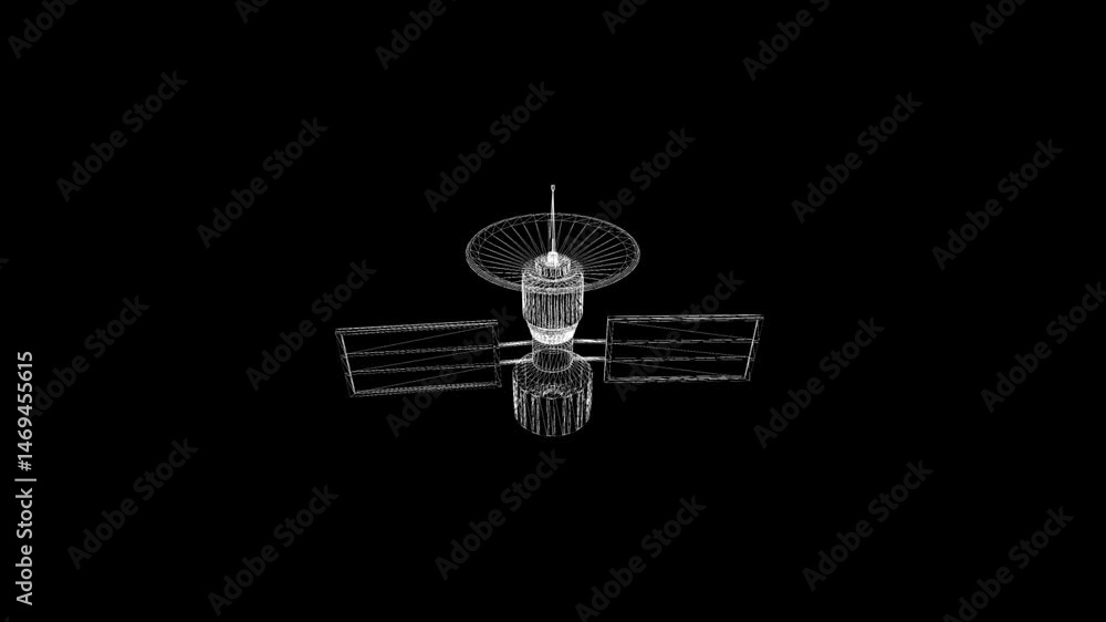 Poster futuristic satellite wireframe in space on a black background for 3d modeling and technology enthusi