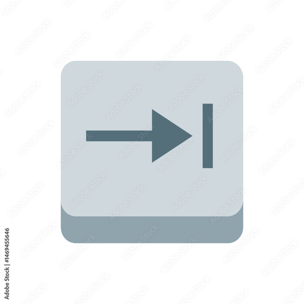 Poster illustration of a grey rounded square button with a grey arrow pointing right and a vertical line on