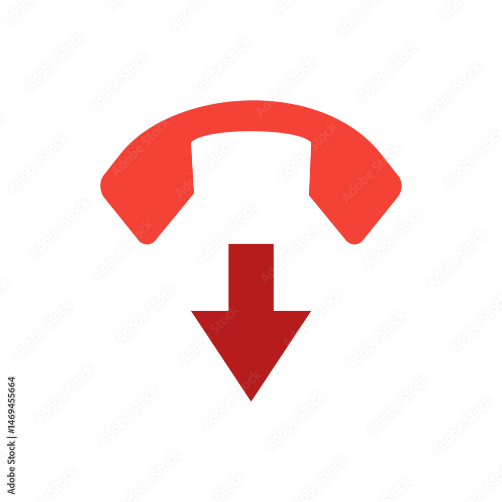 Poster red phone receiver symbol with a downward pointing arrow indicating incoming or receiving a call ico