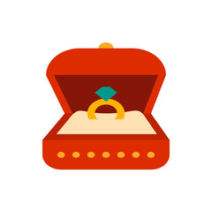 A red jewelry box with a gold ring and a teal diamond sitting on a cream colored cushion inside the box