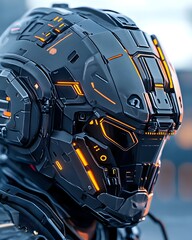 Fototapeta premium A futuristic helmet with an orange glow