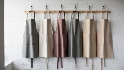 Stylish Leather Aprons Collection - Six versatile leather aprons in a range of neutral colors, hanging against a white brick wall. Perfect for kitchen, restaurant, or craft