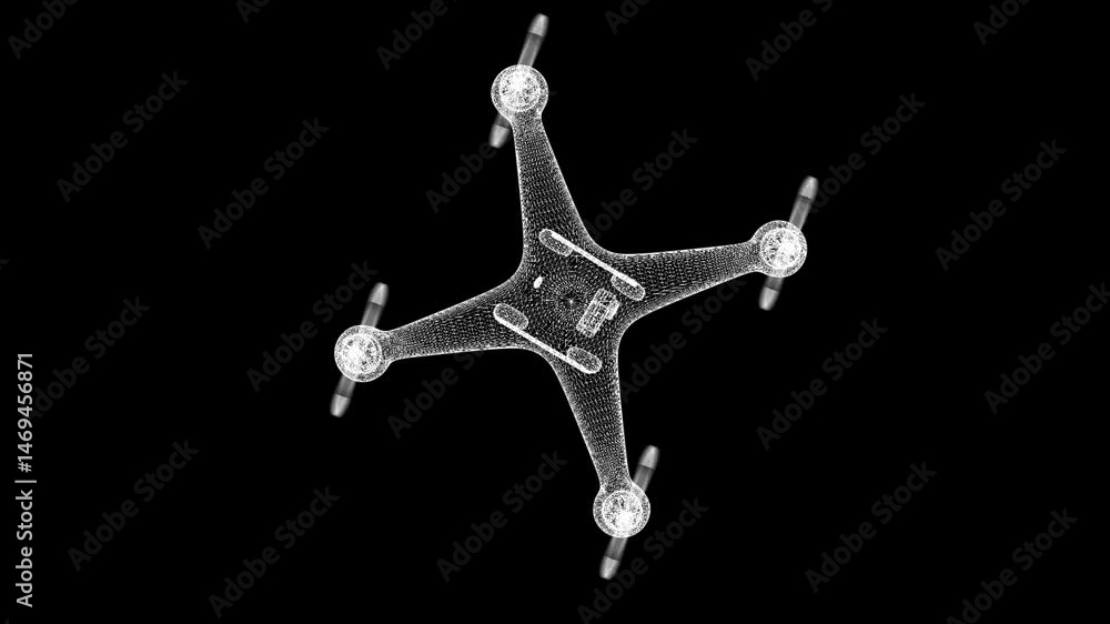 Poster wireframe drone model in black background with rotating propellers