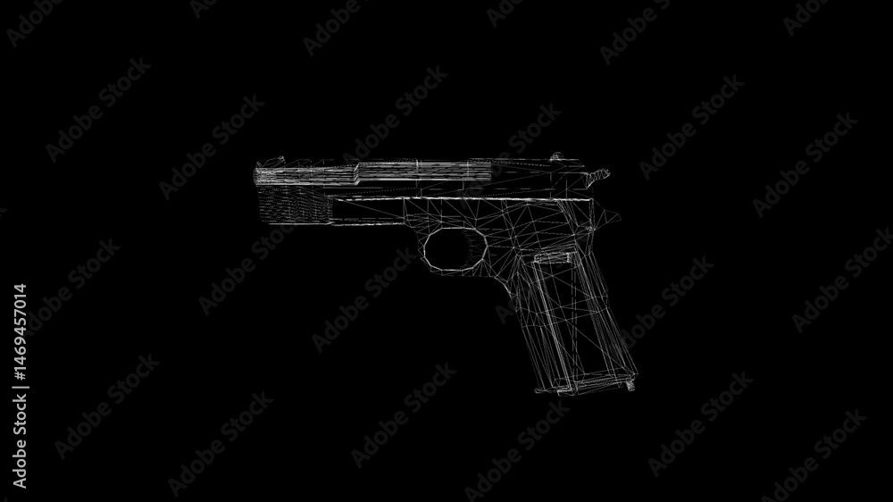 Poster wireframe model of a gun on a black background for digital design and visualization