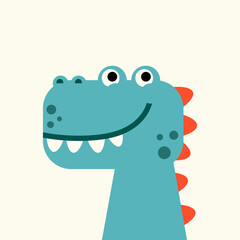 Cute cartoon dinosaur with big smile and red spikes on light background. Fun kids vector illustration.