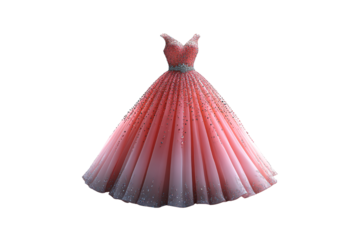 Stunning pink-to-red ombre ball gown with glittering rhinestones and a jeweled waistline, dazzling elegance, isolated on a transparent background