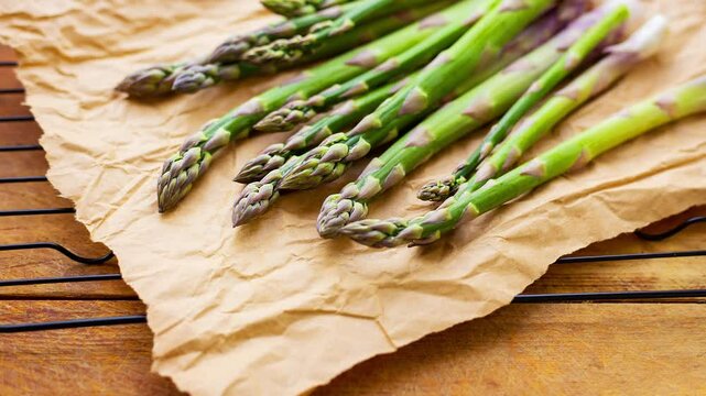Fresh green asparagus spears wrapped in brown craft paper wrapper for healthy vegetarian cuisine lying on a wooden surface, top view