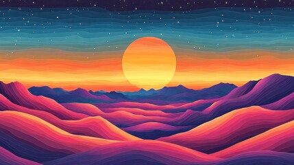 Sunset Over Wavy Mountain Landscape Colorful Illustration