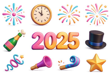 New year's celebration 2025 icons set – fireworks, clock, champagne, hat, party horn, star. 3D icon set