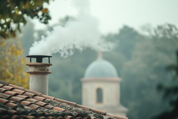 A chimney emitting smoke on a tiled roof with a building dome in the blurred background landscape view