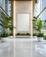 A spacious modern lobby with white tiled floors, a blank canvas on the wall, and large potted plants, with views of a city skyline through the windows