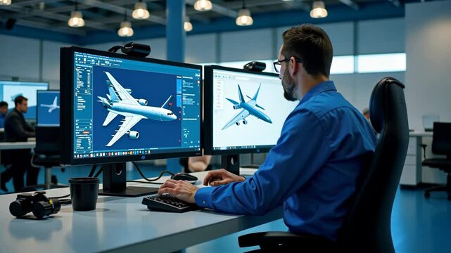 Engineer working on airplane design on computer screens in office. Man creating 3d model of aircraft for aviation industry, engineering and technology concept.