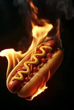 Fire burning on hot dog floating against dark background