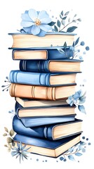 A stack of vintage books with blue and cream covers, adorned with watercolor floral accents