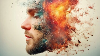 Manâ€™s face morphing into a galaxy, cosmic beauty, nebula reflections, surreal atmosphere.