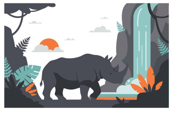 A majestic Javan rhino stands near a waterfall in a lush jungle. A striking silhouette showcases wildlife and natural beauty. Ideal for travel, conservation, and nature themes.