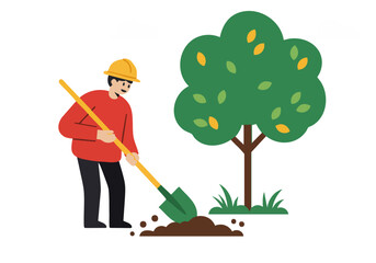 man plants a tree during a community event A vibrant illustration showcases teamwork and environmental stewardship Bright colors and a clear composition 