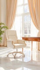 A white leather office chair with a wooden desk sits by a large window with flowing curtains, sunbeams casting shadows on the floor