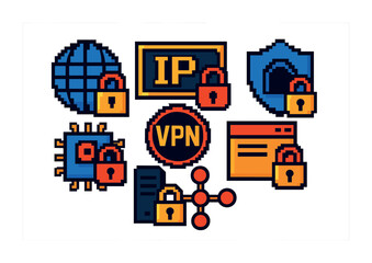 Fototapeta premium Cybersecurity pixel art icons set – vpn, protection, secure network symbols