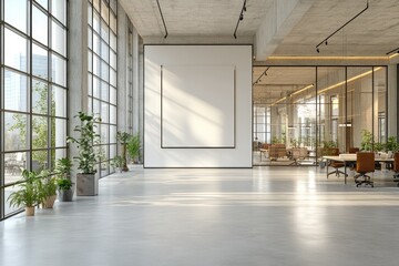Modern, open-plan office space with large windows.