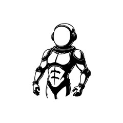 Monochrome depiction of a futuristic armored figure standing with authority