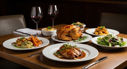 Restaurant meal with roasted chicken and duck