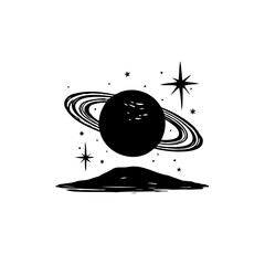 Cosmic planet with majestic ring system, ethereal star formations and dreamy hillscape © LgsDesign