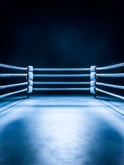 An empty boxing ring with four ropes, lit from above, against a dark background