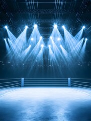 An empty boxing ring illuminated by bright spotlights