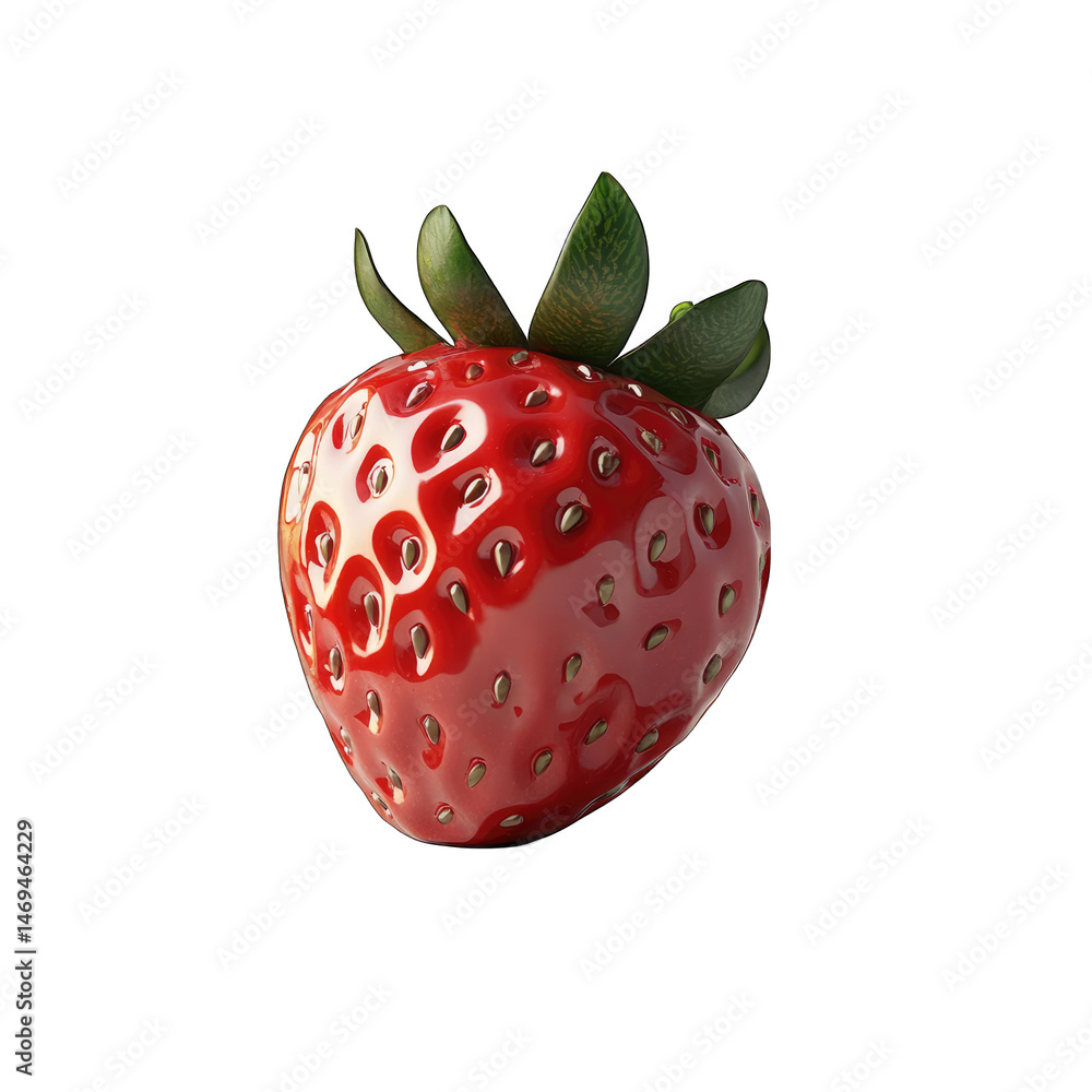 Poster 3d render of a shiny red strawberry with green leaves isolated on transparent background