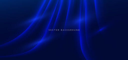 Abstract modern geometric blue glowing curve lines on dark blue background.