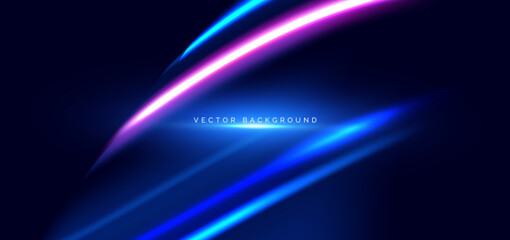Hi-speed blue and pink neon wave beams rays on dark blue background.