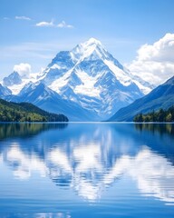 Majestic snow-capped mountain reflected in a serene lake