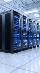 Modern data center with rows of powerful servers, illuminated with blue lights, in a clean, high-tech environment