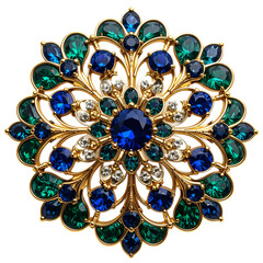 Elegant Brooch of Sparkling Gems: A close-up of a stunning brooch, its intricate design adorned with a spectrum of emerald, sapphire, and diamond gemstones, showcasing timeless elegance and opulence.